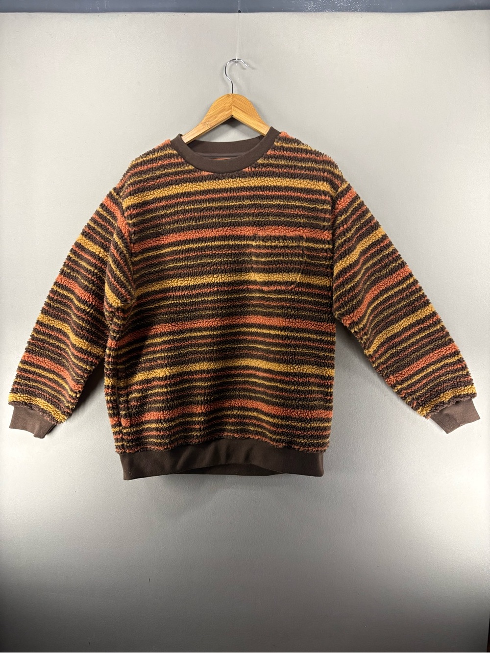 BEAMS Fleece Pullover Striped Sweater Fuzzy Cozy Warm Brown Orange Large Japan